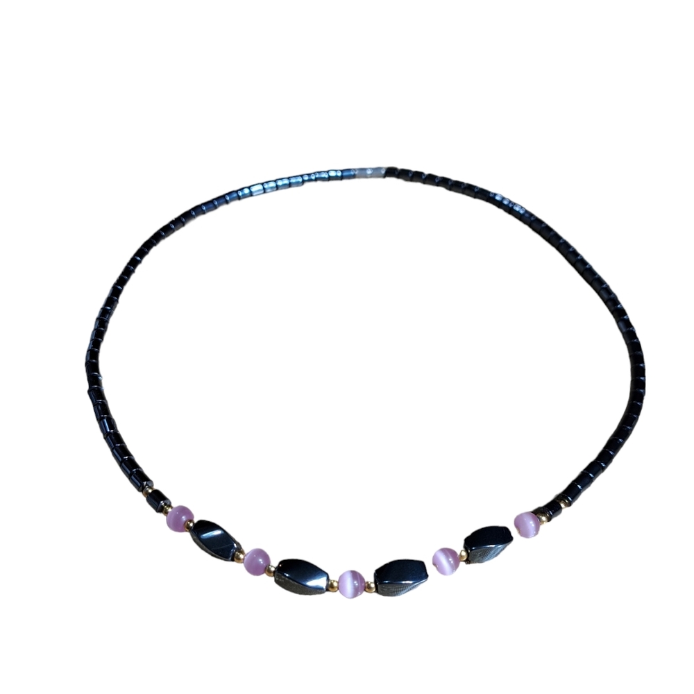 Women's Hematite‎ Necklace Pink Stone 9.5 Inches